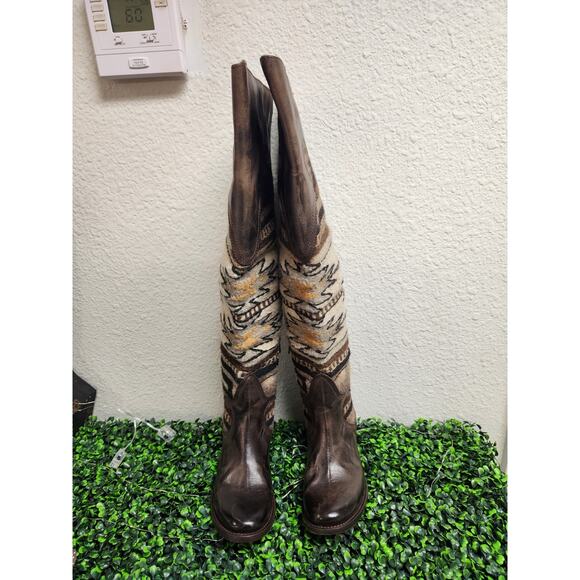 Freebird by Steven Sun Boots Womens Size 8 Brown Leather Woven Aztec Knee High - Picture 2 of 9